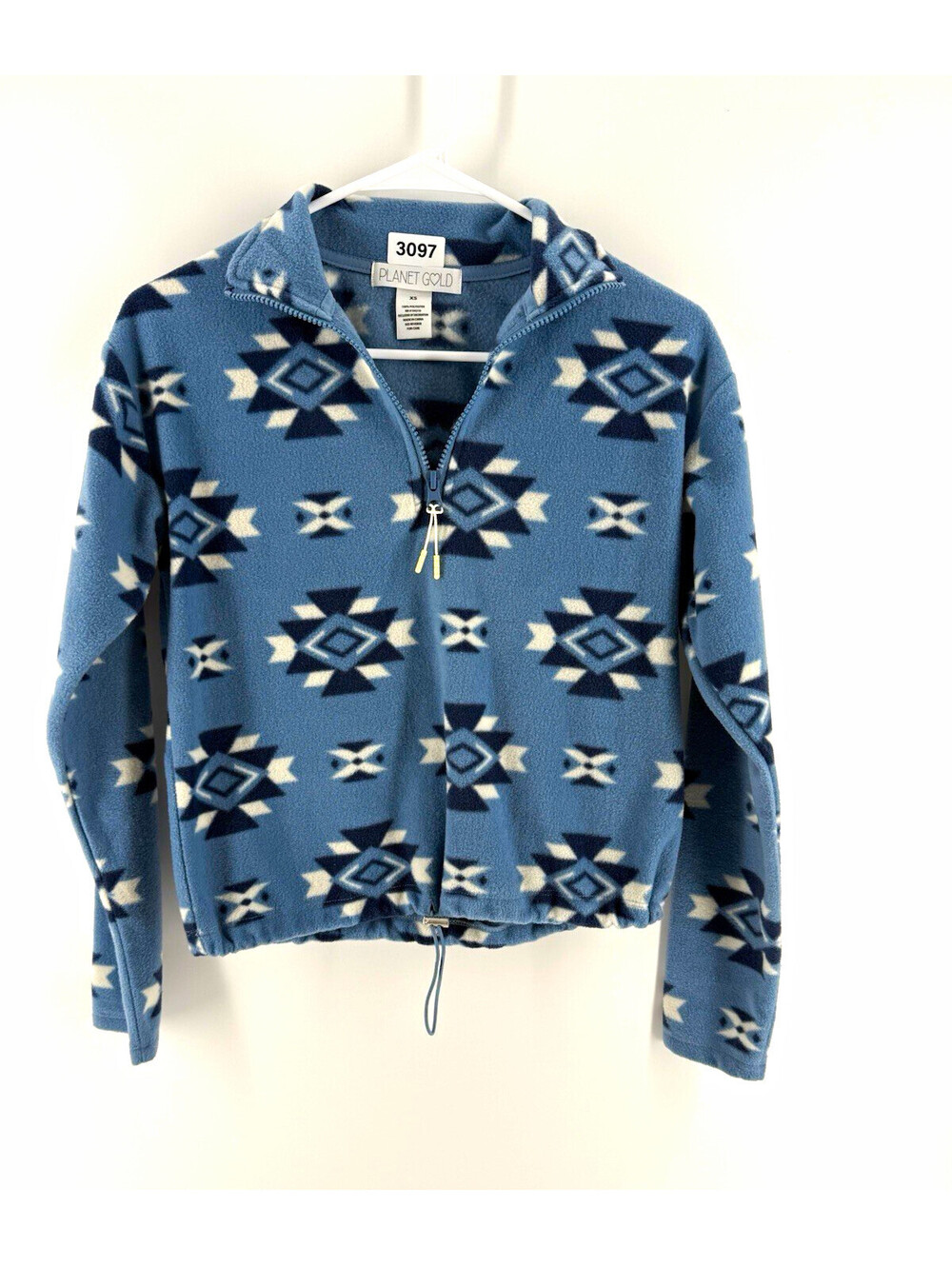 Planet Gold Womens XS Blue Aztec Geometric Fleece 1/4 Zip Mock Neck Pullover
